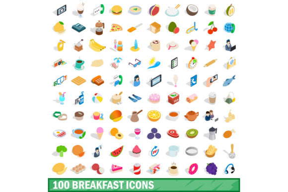 100 Breakfast Icons Set: Isometric 3D Design Assets