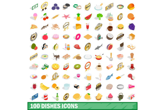 100 Dishes Icons Set, Isometric 3d Style