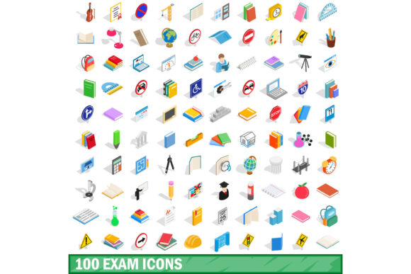 100 Exam Icons Set, Isometric 3d Style