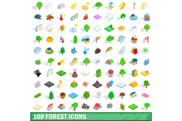 100 Forest Icons Set, Isometric 3d Style