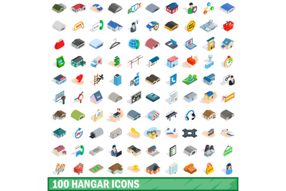 100 Hangar Icons Set, Isometric 3d Style