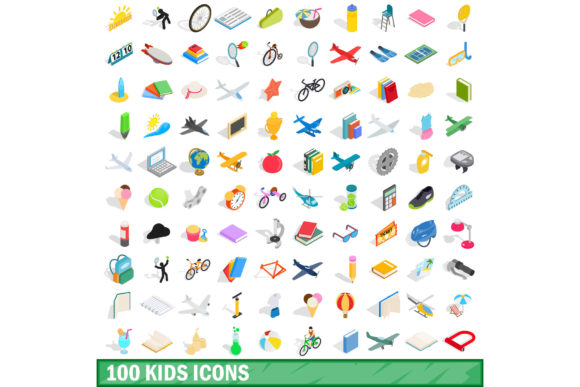 100 Kids Icons Set, Isometric 3d Style