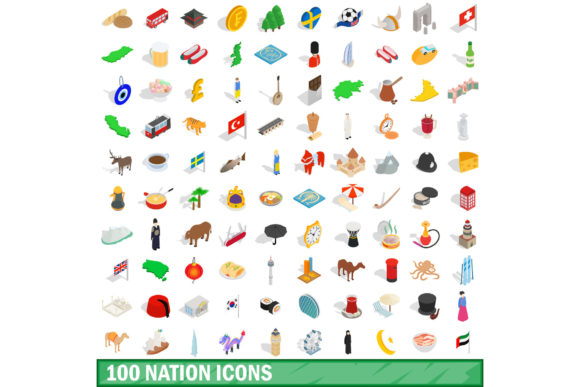 100 Nation Icons Set, Isometric 3d Style