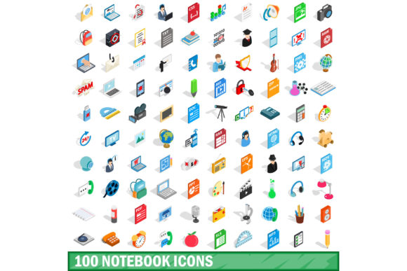 100 Notebook Icons Set: Isometric 3D Design Assets