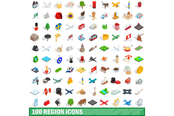 100 Region Icons Set, Isometric 3d Style