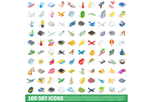 100 Sky Icons Set, Isometric 3d Style